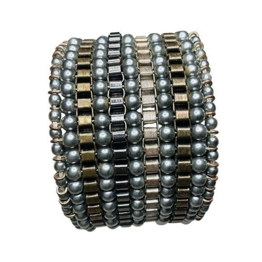 Beaded Multi Strand Cuff Bracelet Women Gunmetal Silver Bronze Jewelry